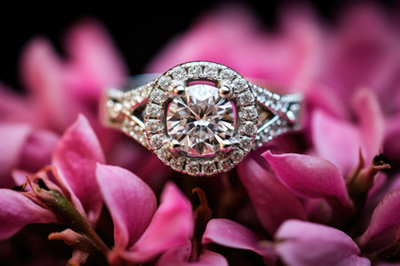 Jewelry diamond ring on pink flowers background. Selective focus.の素材