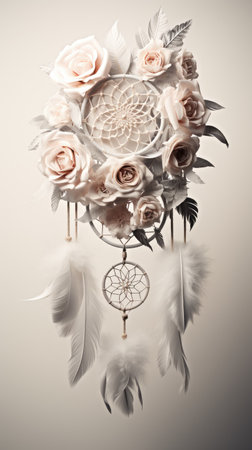 Beautiful dreamcatcher with feathers and beads rope hanging on itの素材