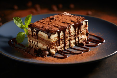 Delicious tiramisu cake on plate on wooden table, closeupの素材
