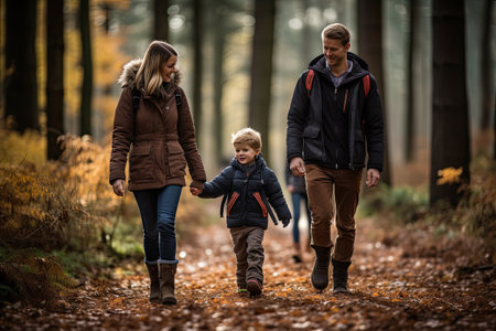 Happy family walking in autumn forest. Mother, father and son having fun together.の素材