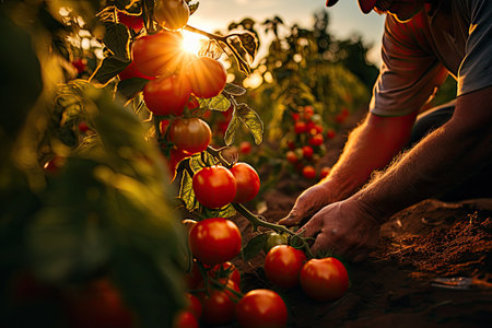 Farmer harvesting tomatoes in the garden at sunset. Organic farming.の素材