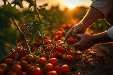 Farmer hands harvesting tomatoes in a field at sunset. Selective focus. nature.の素材