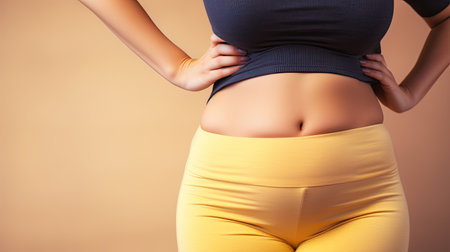 Close up of a woman's body in yellow leggings.の素材