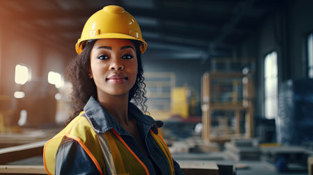 Portrait of African-American female worker in hardhat looking at camera and smiling while standing in warehouseの素材