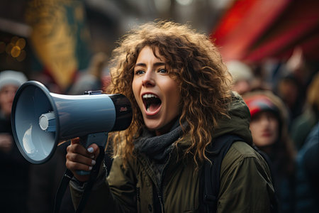 Portrait of a young woman shouting through a megaphone.の素材