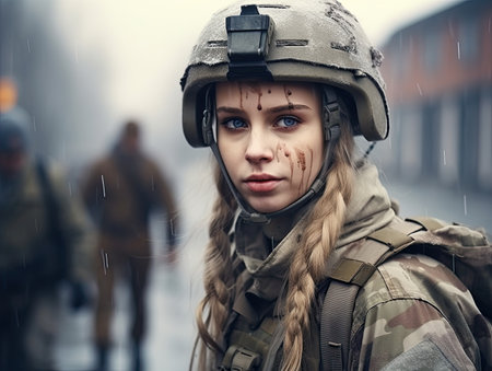 Portrait of a beautiful girl in a military uniform on the background of soldiersの素材