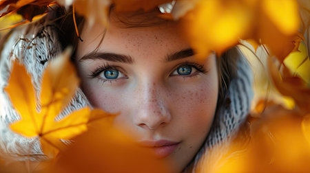 Close up portrait of beautiful young woman with bright blue eyes in autumn leavesの素材