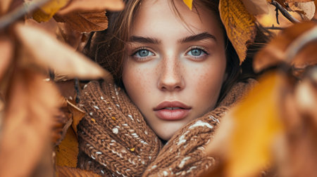 Close-up portrait of beautiful young woman in autumn leaves. Beauty, fashion.の素材