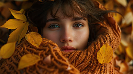 Portrait of a beautiful young woman lying in the autumn leaves.の素材