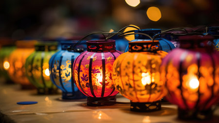 Colorful paper lanterns in the night market. Selective focus.の素材