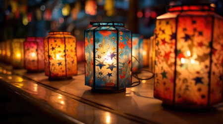 Colorful lanterns in the shape of a star. Selective focus.の素材