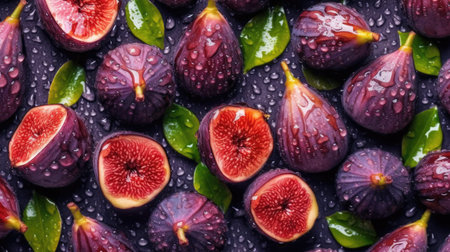 Fresh figs with water drops. Top view. Food background.の素材