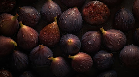 Ripe figs with water drops on a black background. Top view.の素材