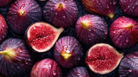 Fresh figs with water drops. Top view. Food background.の素材