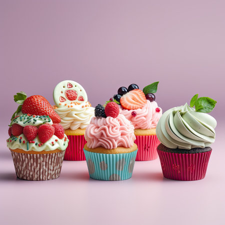 Cupcakes decorated with berries and mint leaves on a pink backgroundの素材