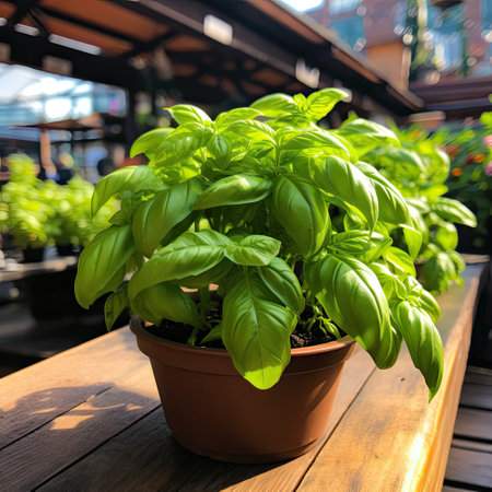 Fresh basil in a pot on a wooden table in a cafe.の素材