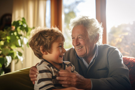 Grandfather And Grandson Having Fun At Home In Living Room Togetherの素材