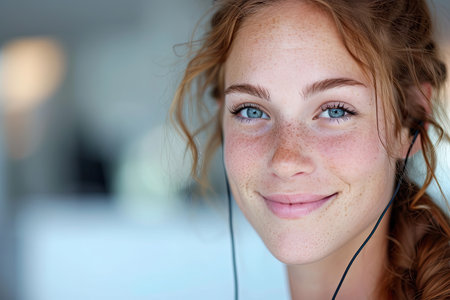 Portrait of a smiling young woman listening to music with earphonesの素材