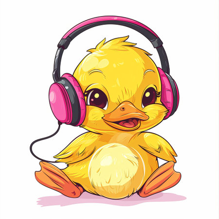 Cute little yellow duck listening to music with headphones. Vector illustration.の素材