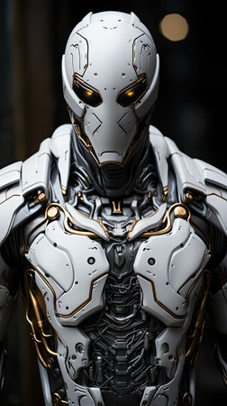 3D rendering of a robot with metallic skin and silver armorの素材