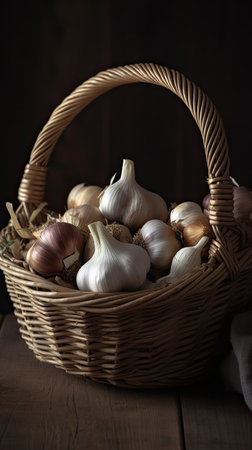 Fresh garlic in a wicker basket on a dark wooden background.の素材