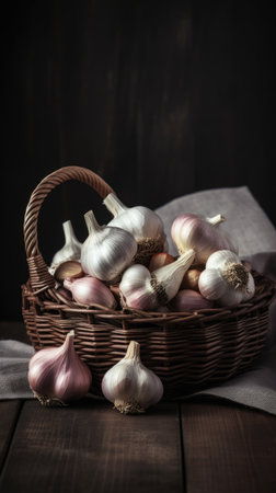 Garlic and onion in a basket on a wooden background. Selective focus.の素材