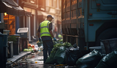 Male worker picking up garbage from the streets of London, UK.の素材