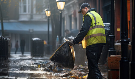 Garbage collector cleaning trash in the street. Concept of environmental pollution.の素材