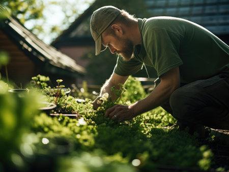 Gardener working on a vegetable bed in the garden. Selective focus.の素材