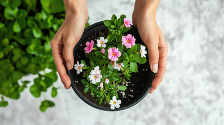 Female hands holding a pot with pink and white flowers on a light backgroundの素材