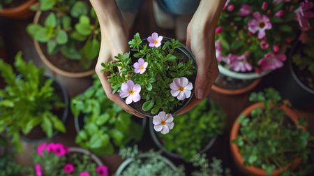 Top view of young female gardener holding pot with blooming potted plants in flower shopの素材