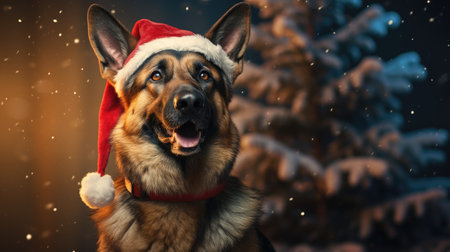 German shepherd dog in red Santa Claus hat on winter background.の素材
