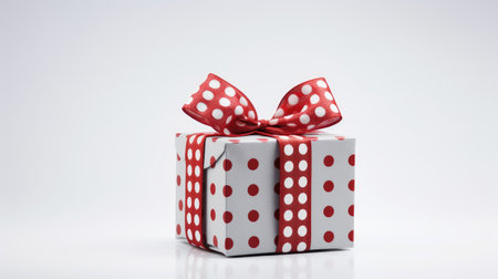 Gift box with red polka dots on a white background.の素材