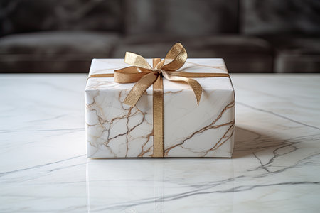 Gift box with gold ribbon on white marble table in living roomの素材