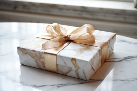 Gift box with gold ribbon on white marble table, closeupの素材