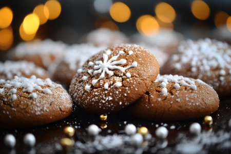 Christmas gingerbread cookies with snowflakes on a dark background.の素材