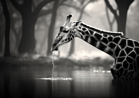 Giraffe drinking water in the forest. Black and white image.の素材