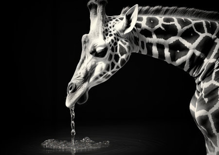 Giraffe drinking water from a puddle on a black backgroundの素材