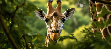 Giraffe head and neck close up in the forest. Wildlife scene from nature.の素材