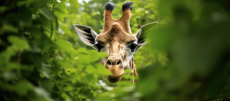 Giraffe in the jungle, panoramic view of the animalの素材