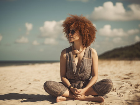 Beautiful young woman with afro hairstyle and sunglasses sitting on the beachの素材