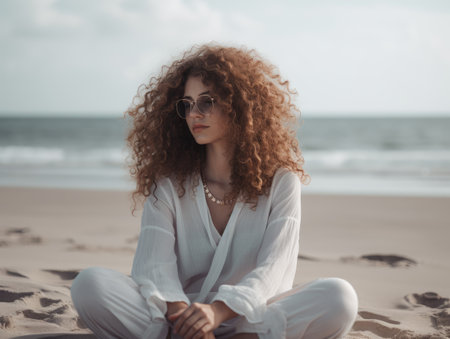 Beautiful young woman with curly red hair in a white shirt and sunglasses sitting on the sand by the sea.の素材