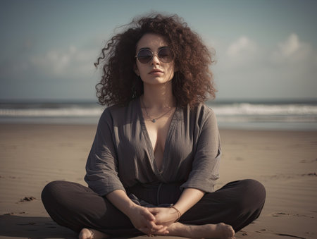 Beautiful young woman with curly hair meditating on the beach.の素材