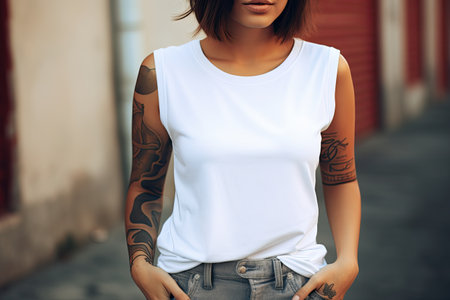 Cropped image of tattooed woman in white blank t-shirt standing on streetの素材