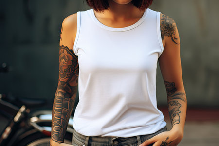 Cropped image of young woman wearing blank white t-shirt with tattoo on armの素材