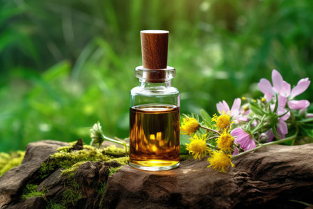 A bottle of tincture with wildflowers on a stumpの素材