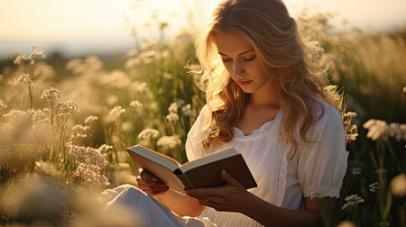 Beautiful young woman reading book in field at sunset. portraitの素材