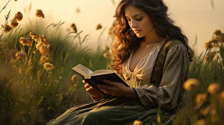 Young beautiful woman reading a book in the meadow at sunset.の素材