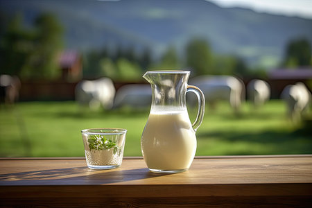 Milk jug and glass of fresh milk on wooden table in the countrysideの素材