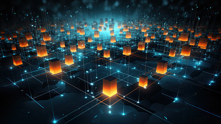 3D rendering of a city in the form of a binary codeの素材